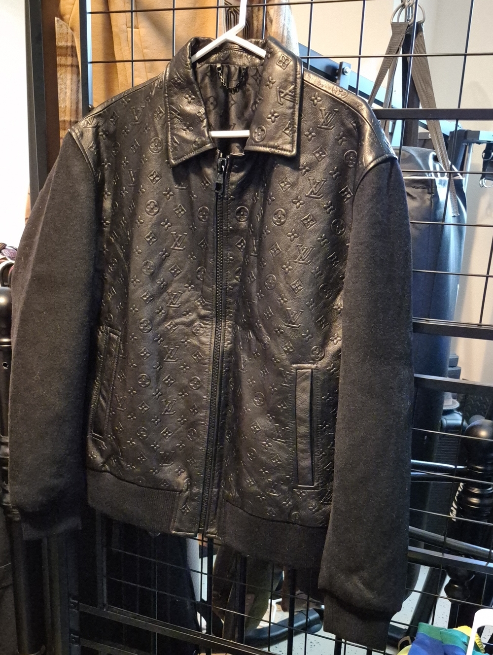 Louis Vuitton Black Embossed Monogram Leather & Wool Bomber Jacket